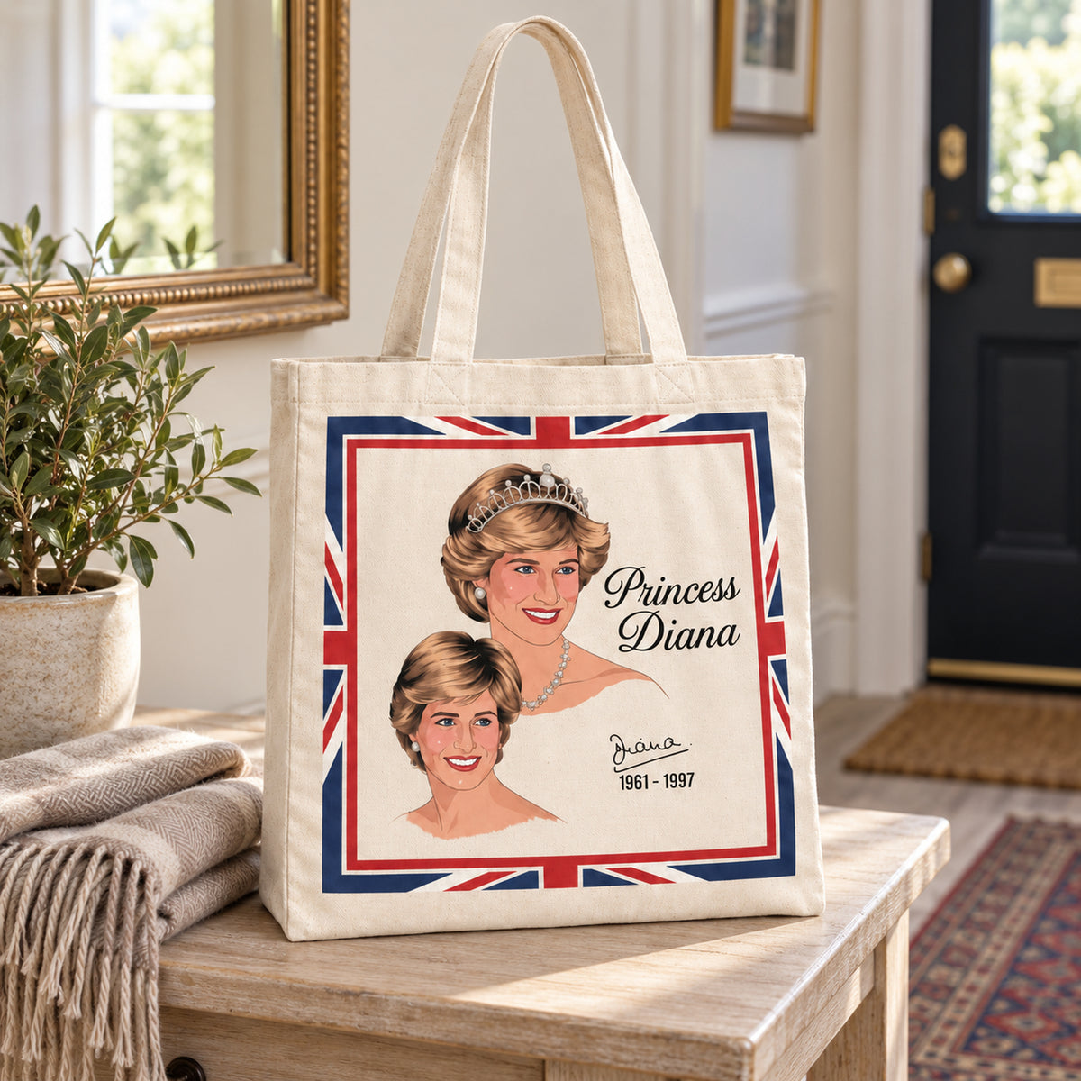 Princess Diana Large Cotton Tote Bag in a styled lifestyle setting