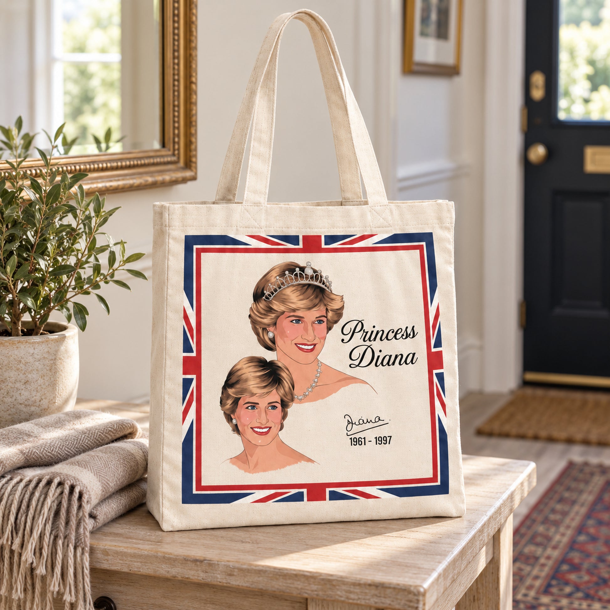 Princess Diana Large Cotton Tote Bag in a styled lifestyle setting