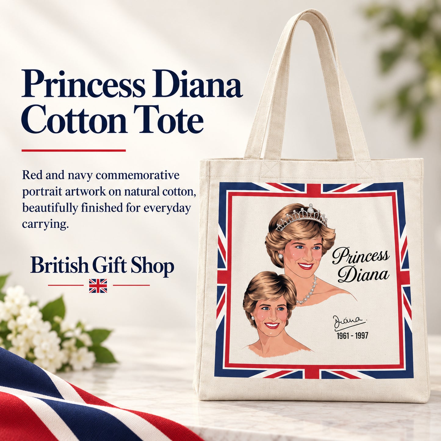 Princess Diana Large Cotton Tote Bag in a British Gift Shop product advertisement
