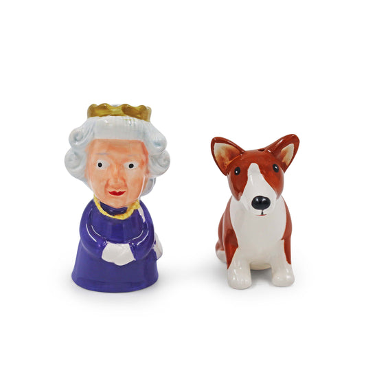 Queen Elizabeth and pet dog corgi salt and pepper set