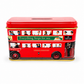 Red double-decker bus-shaped tea tin with images of people and 'Everything Stops for Tea' text on a white background.