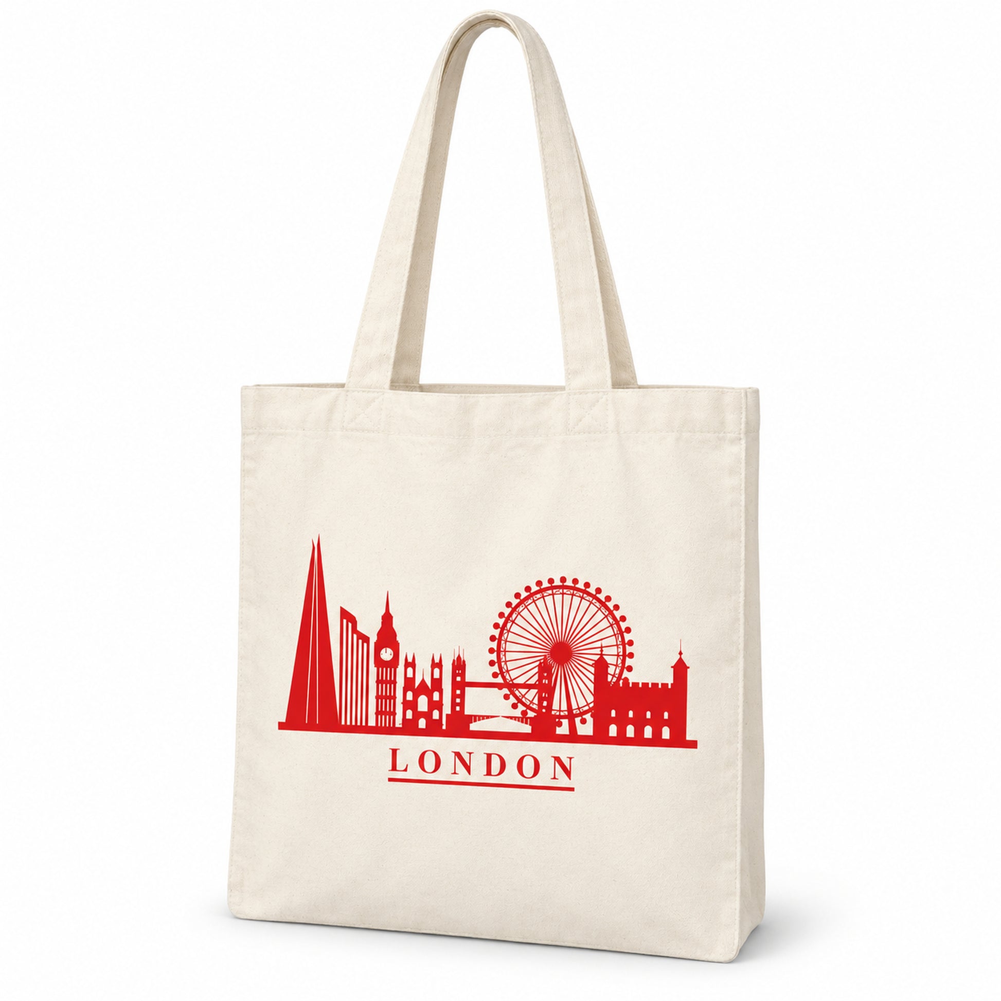 Red London Skyline Large Cotton Tote Bag on a clean white background