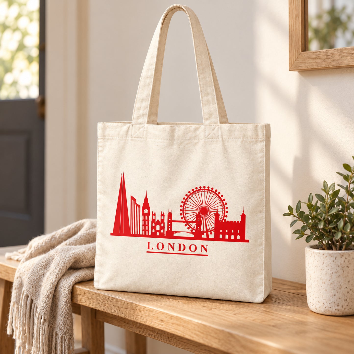 Red London Skyline Large Cotton Tote Bag in a styled lifestyle setting