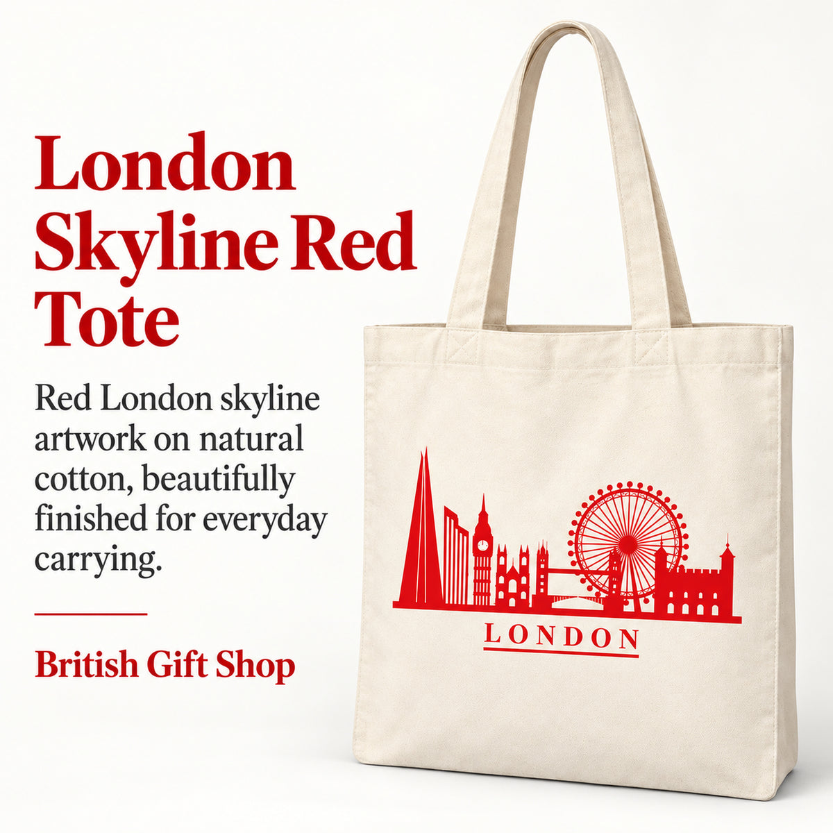 Red London Skyline Large Cotton Tote Bag in a British Gift Shop product advertisement