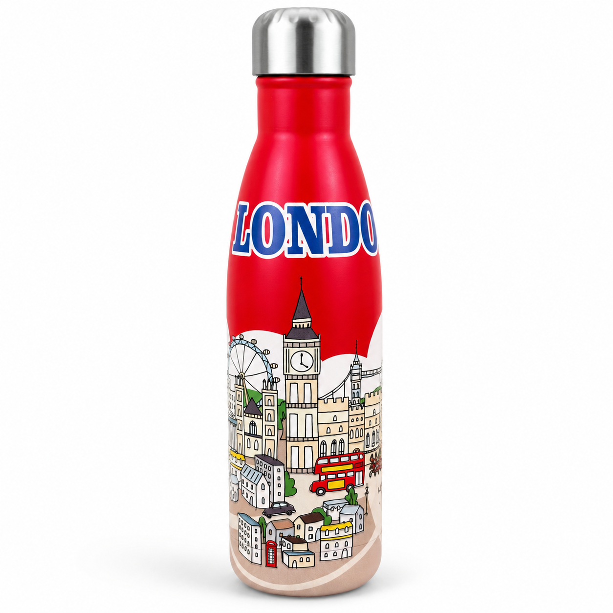 Red water bottle with London-themed design on a white background