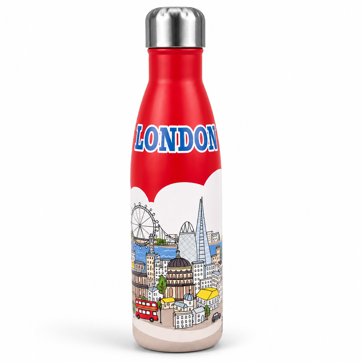 Red water bottle with London-themed design on a white background