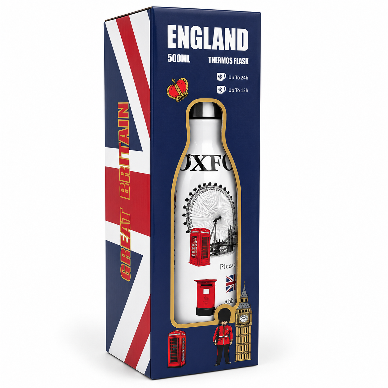 Thermos flask packaging with British design elements on a white background