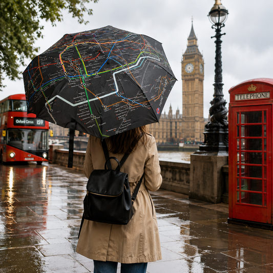 AI-generated rainy London lifestyle image of black Tube map umbrella