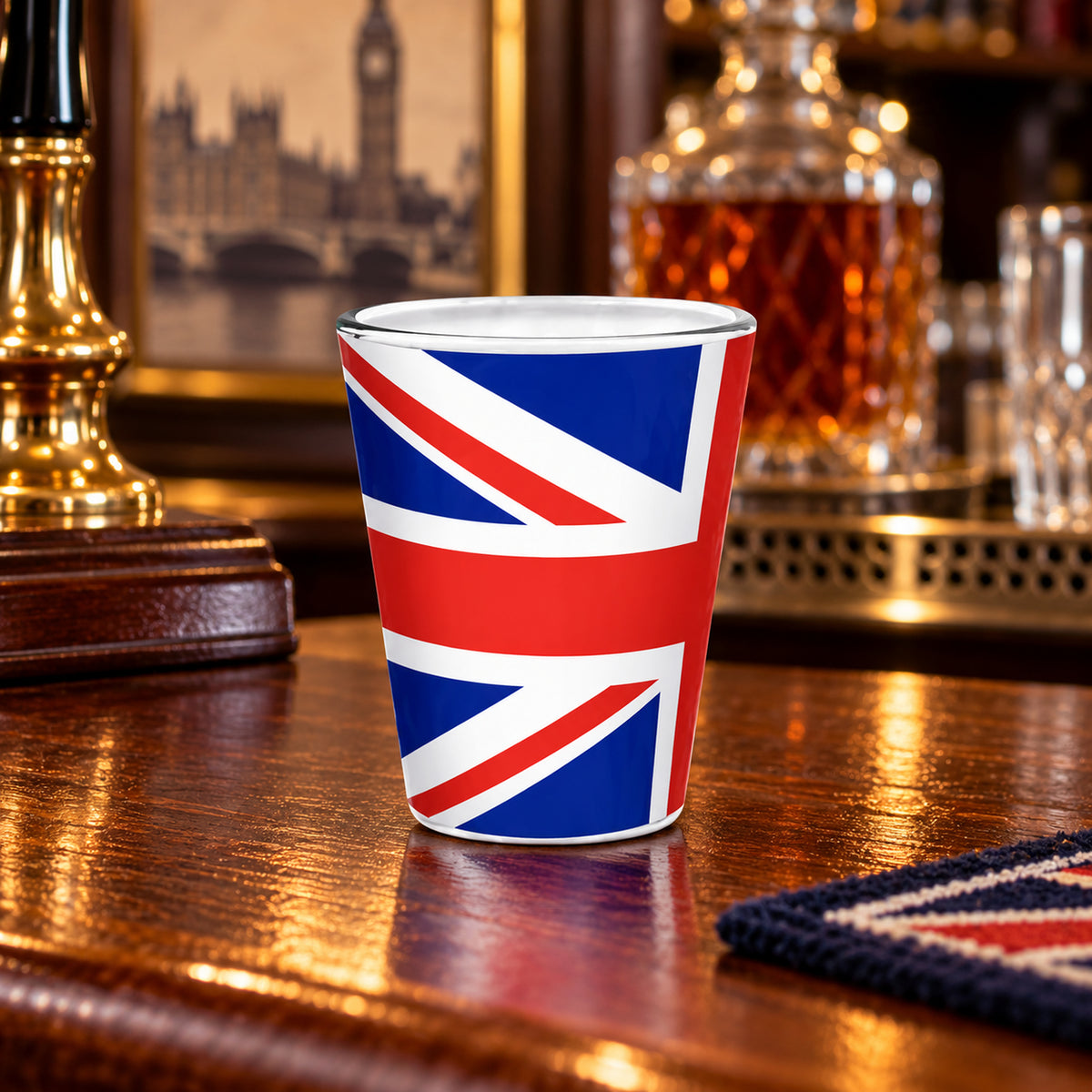 Union Jack Shot Glass in a styled lifestyle setting