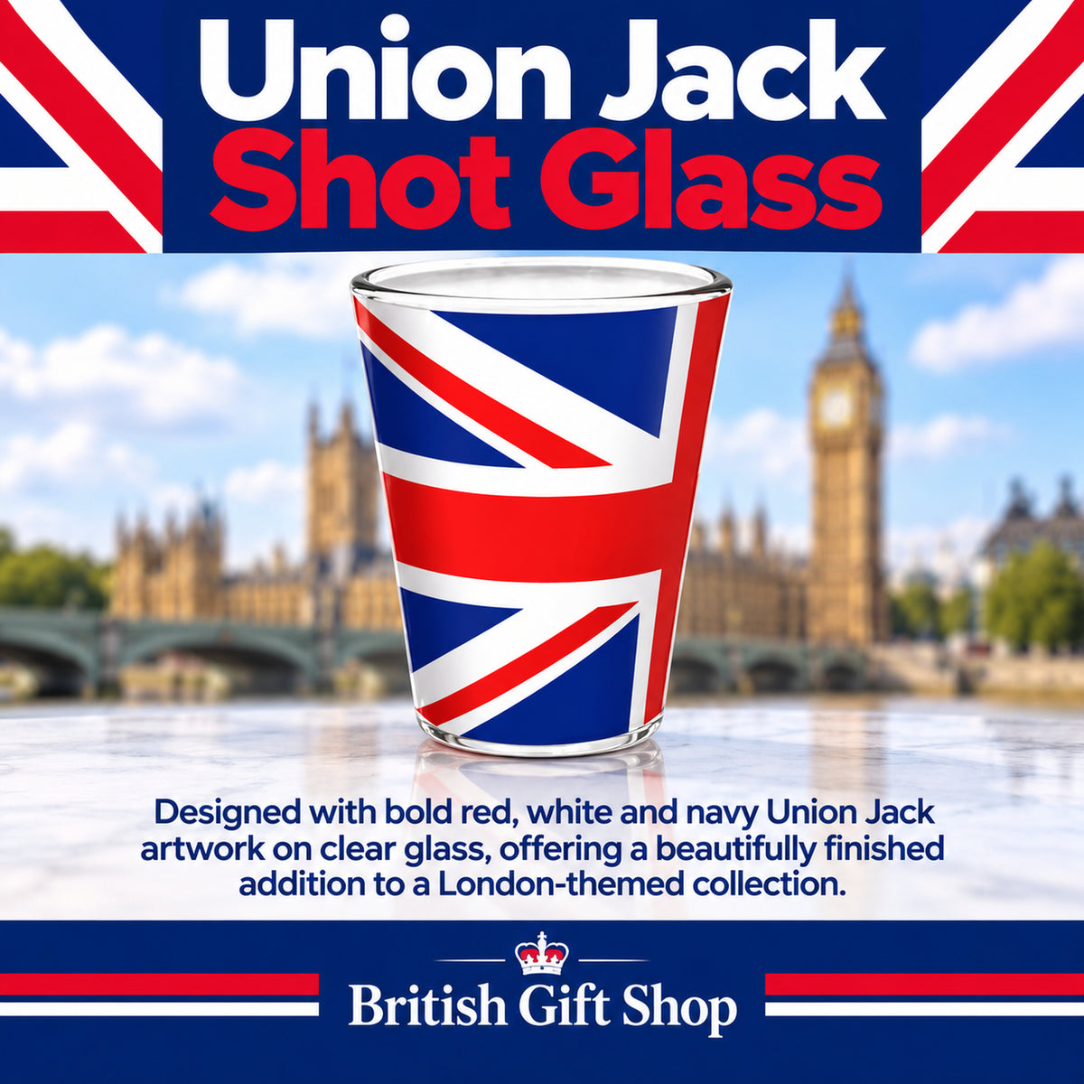 Union Jack Shot Glass in a British Gift Shop product advertisement